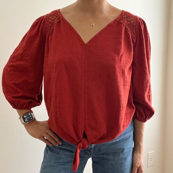 Max Studio Red Lace Trim V Neck Knot Front Knit 3/4 Sleeve Top Size Medium - Picture 7 of 12